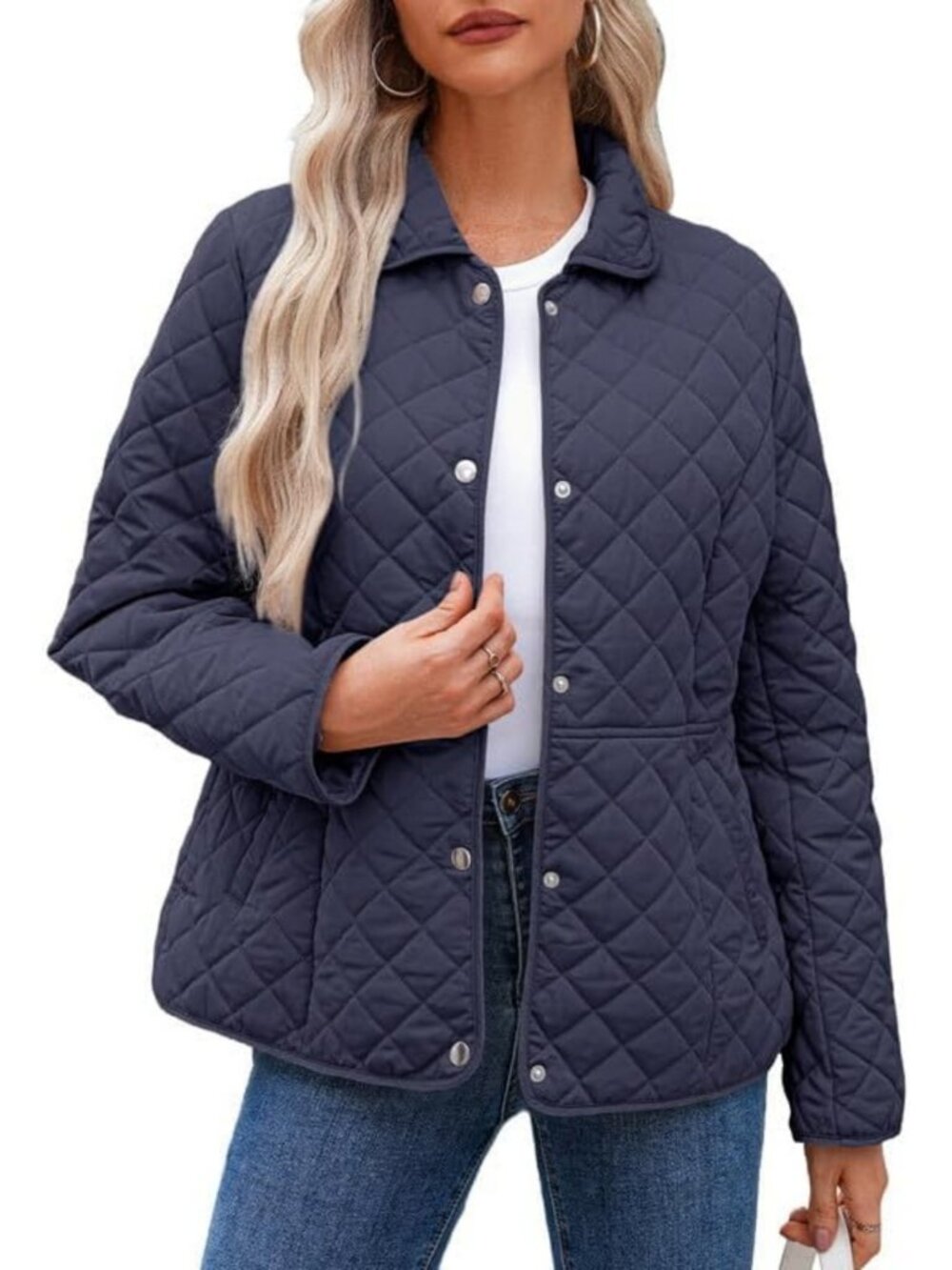 Cozy Women's Winter Quilted Puffer Jacket with Pockets, Long Sleeve, Button Down